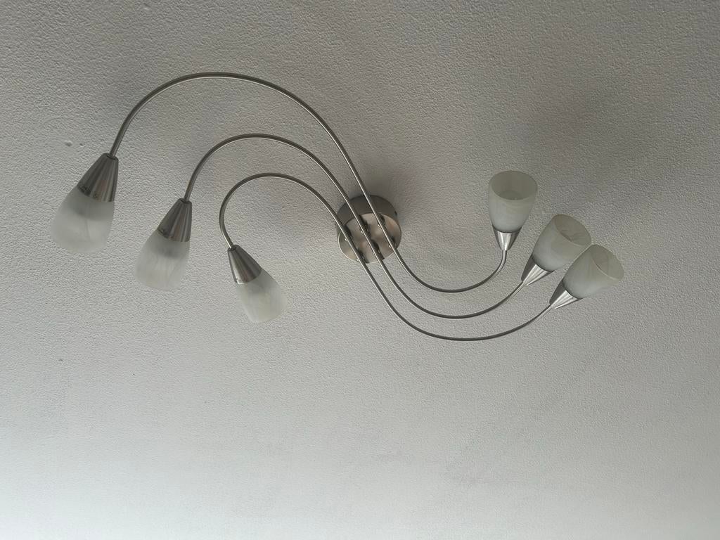 Plafondlamp met 5 glazen kappen, Ophalen, Gebruikt, Metaal