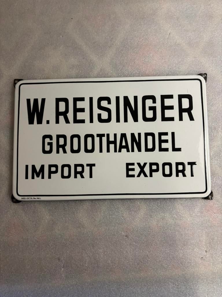 Emaille bord W Reisinger groothandel import en export, Ophalen of Verzenden, Zo goed als nieuw, Reclamebord