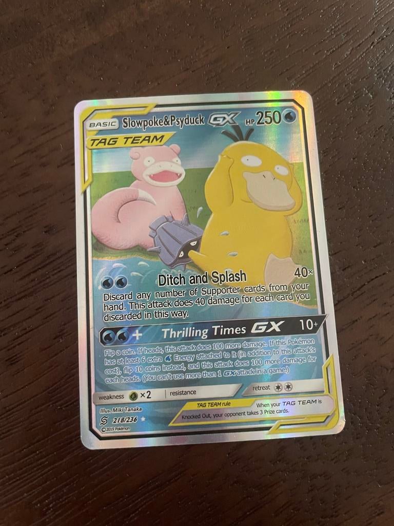 Slowpoke & Psyduck GX Pokémon Kaart - Tag Team, Ophalen of Verzenden, Zo goed als nieuw, Losse kaart, Foil