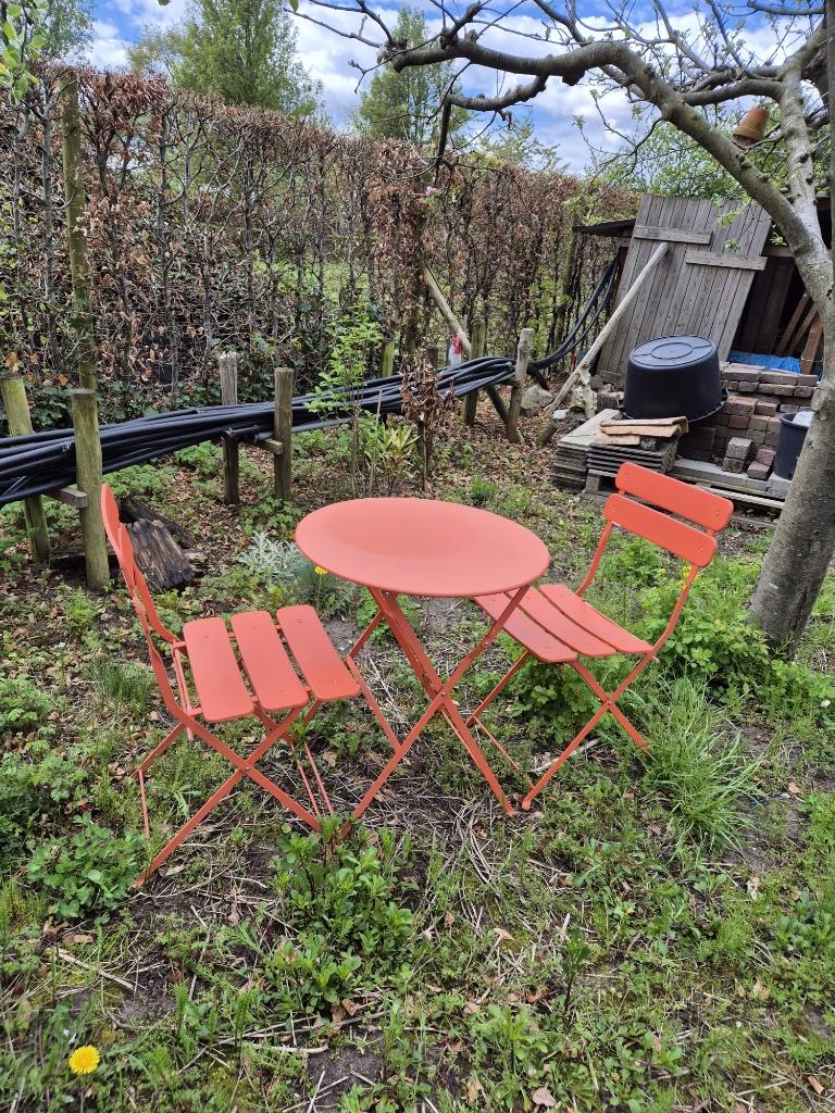 Bistro set, Tuin en Terras, Bijzettafel, Zo goed als nieuw, Rvs, Tuinset