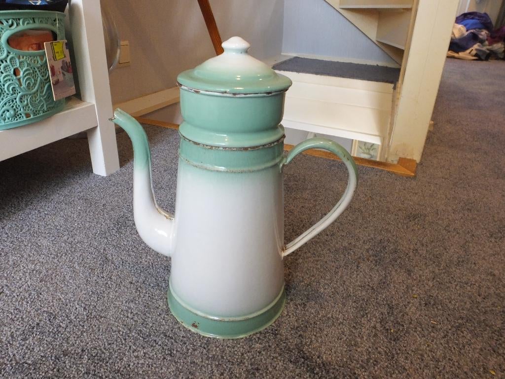 Emaille Filterkan Mintgroen Met Wit, Antiek en Kunst, Antiek | Emaille, Ophalen of Verzenden