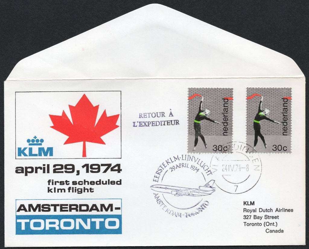 1e KLM vlucht Toronto Canada 1974, Verzenden, Envelop