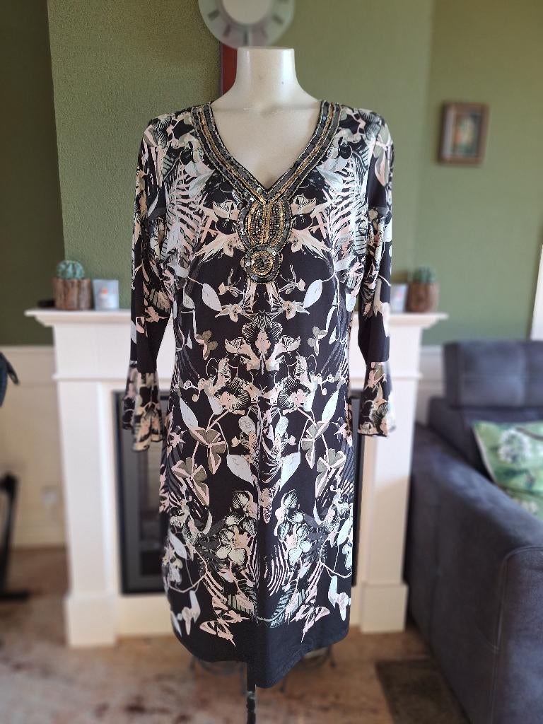 K-Design prachtige V hals jurk mt XL zwart roze grijs, K-design, Verzenden, Zwart, Maat 46/48 (XL) of groter