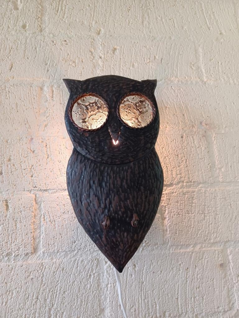 Metalen uil wandlamp met glazen details, Antiek en Kunst, Ophalen of Verzenden