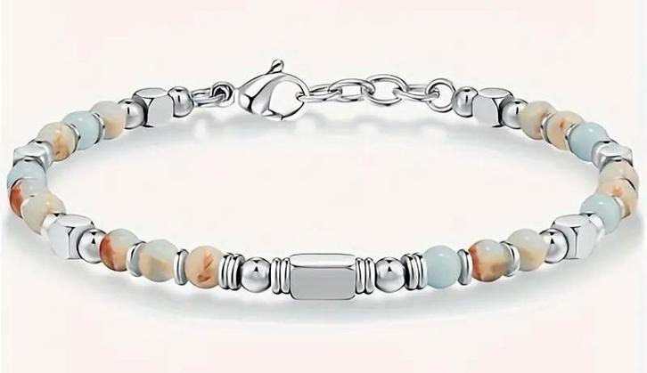 RVS armband met amazoniet, Sieraden, Tassen en Uiterlijk, Armbanden, Nieuw, Staal, Zilver, Met bedels of kralen, Met edelsteen