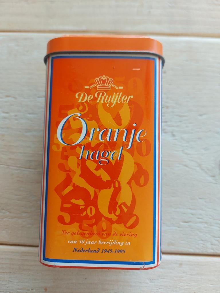 De Ruijter Oranje Hagel Blik - 50 jaar Bevrijding, Verzamelen, Blikken, Ophalen of Verzenden