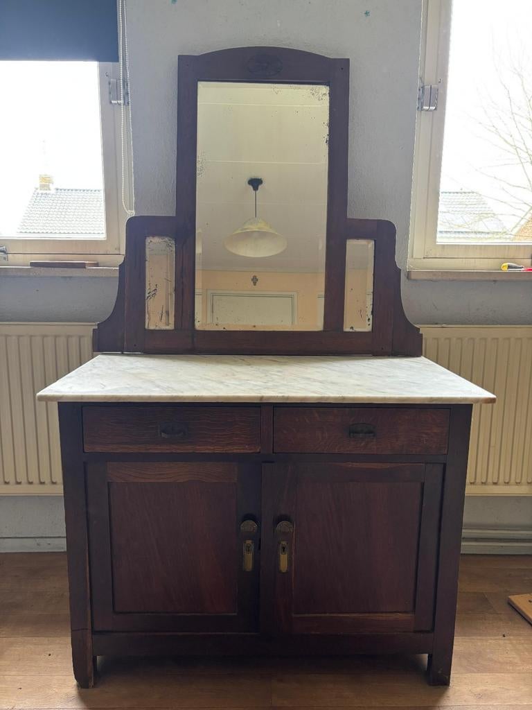 Oude kast met spiegel en marmeren blad, Ophalen of Verzenden