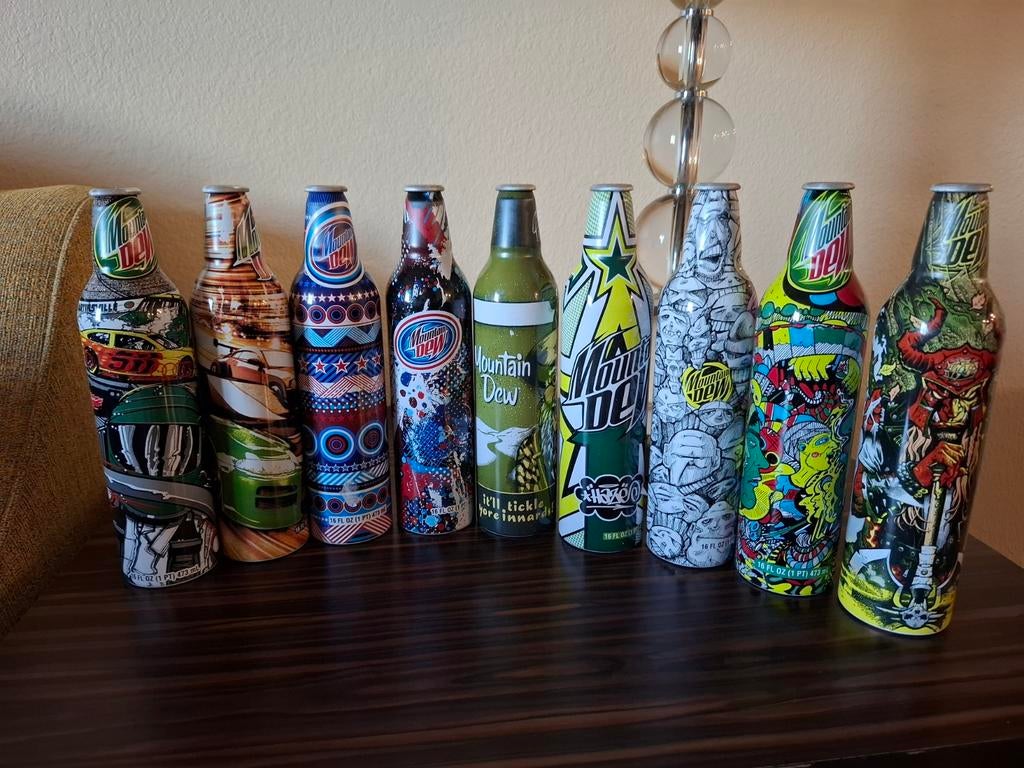 9x Mountain Dew Green Label Lege Aluminium Flessen Collectie, Ophalen of Verzenden, Gebruikt