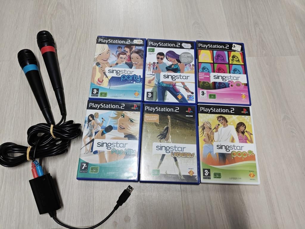 Singstar PS2 bundel met microfoons en 6 spellen, Spelcomputers en Games, Muziek, ., Ophalen of Verzenden, Zo goed als nieuw