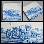 Tegel in blauw-wit,  landschap met dieren.  13 x 13 cm., Ophalen of Verzenden