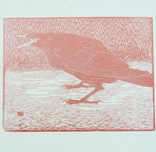 Jan Mankes: Kraai. Houtsnede in roodbruin, Antiek en Kunst, Kunst | Etsen en Gravures, Ophalen of Verzenden
