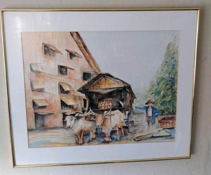 Indonesische aquarel met ossewagen, gesigneerd E. van Laake, Antiek en Kunst, Kunst | Schilderijen | Klassiek, Verzenden
