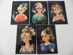 5 Hartelijk Gefeliciteerd kaarten met illustr. poppenmeisjes, Ophalen of Verzenden, 1960 tot 1980, Ongelopen, Overijssel
