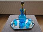 antieke likeurset, blauw glas., Ophalen of Verzenden