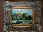 Klassiek schilderij Hollands Dorpsgezicht aan het water, Ophalen of Verzenden