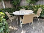 Ronde teakhouten tuintafel met 4 stoelen, Ophalen, 4 zitplaatsen, Gebruikt, Eettafel