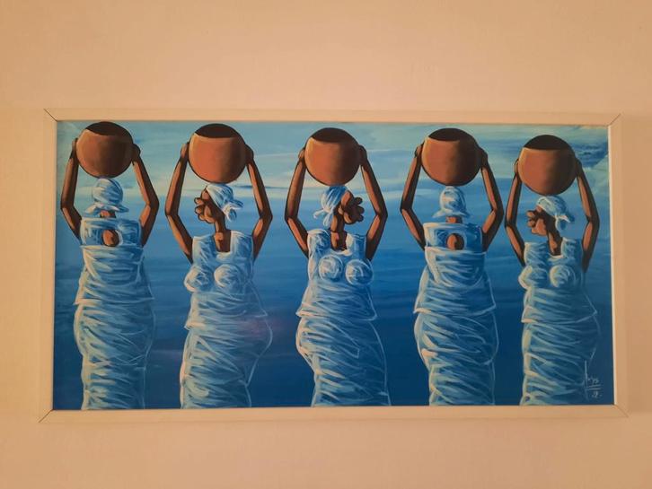 Handgemaakt Schilderij Afrikaanse Vrouwen 50x95cm, Antiek en Kunst, Kunst | Overige Kunst, Ophalen of Verzenden