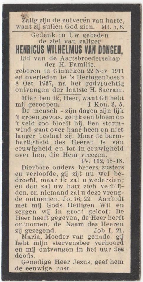 Henricus W. van Dongen 1911 Ginneken + 1937 Den Bosch, 25 jr, Verzenden