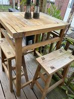Teak houten bartafel met 2 bijbehorende krukken, Ophalen, Gebruikt, Rechthoekig, Teakhout