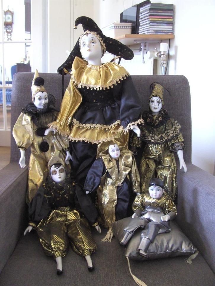 Collectie van 6 Originele Veneziaanse Pierrot poppen, Verzamelen, Poppen, Zo goed als nieuw, Pop, Ophalen of Verzenden