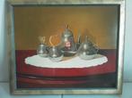 Stilleven van tinnen thee/room stel.olieverf op paneel., Antiek en Kunst, Kunst | Schilderijen | Klassiek, Ophalen