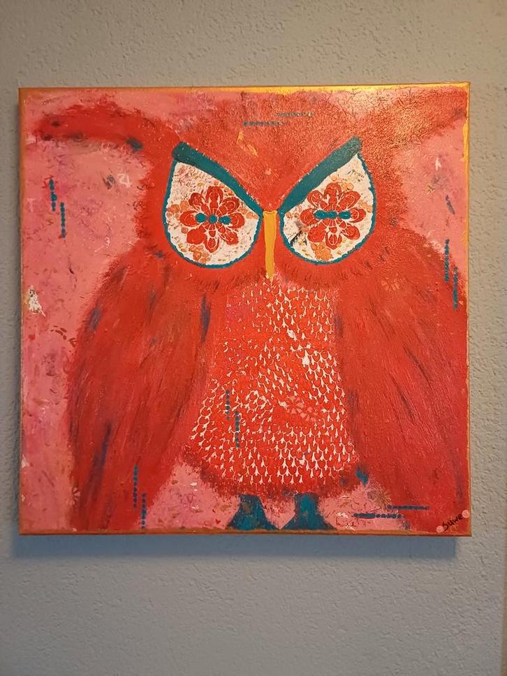 Kleurrijk Acryl Schilderij - Uil - 50x50 cm, Antiek en Kunst, Kunst | Schilderijen | Abstract, Ophalen of Verzenden