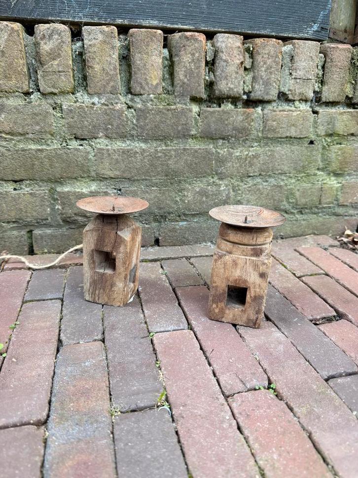 Houten Kaars Kandelaar Set, Huis en Inrichting, Woonaccessoires | Kandelaars en Kaarsen, Gebruikt, Kandelaar, Minder dan 25 cm