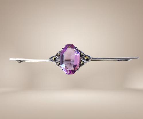 Antieke 935 zilveren ART DECO markasiet paars glas broche!, Sieraden, Tassen en Uiterlijk, Broches, Zo goed als nieuw, Zilver