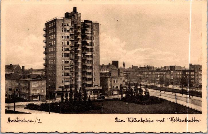 Amsterdam Zuid - Daniël Willinkplein Wolkenkrabber (1936) 2x, Verzamelen, Ansichtkaarten | Nederland, Gelopen, Noord-Holland, 1920 tot 1940