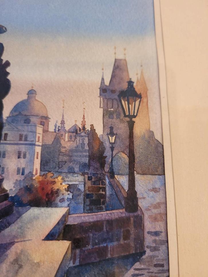 Schilderijtje aquarel Praag Karelsbrug, Antiek en Kunst, Kunst | Schilderijen | Klassiek, Ophalen of Verzenden