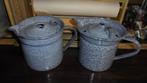 2 grijsgewolkt emaille melkkokers, doorsnee 17H16cm, Ophalen of Verzenden
