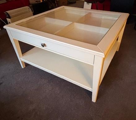 Witte Salontafel met Glasplaat & Lade - 94x94x51cm, Huis en Inrichting, Tafels | Salontafels, Gebruikt, 50 tot 100 cm, Vierkant