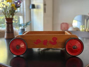 Vintage Houten Speelgoedwagen met Eendjes Motief en Rode Wie beschikbaar voor biedingen