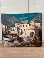 Schilderij Spaans vissersdorpje met bootjes (olie op doek), Antiek en Kunst, Kunst | Schilderijen | Abstract, Ophalen