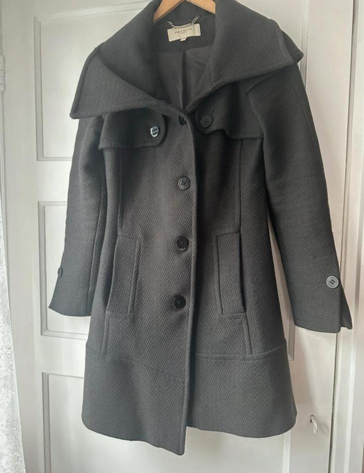 Vintage taupe grijsbruin wollen winterjas Karen Millen S 36, Kleding | Dames, Jassen | Winter, Zo goed als nieuw, Overige kleuren
