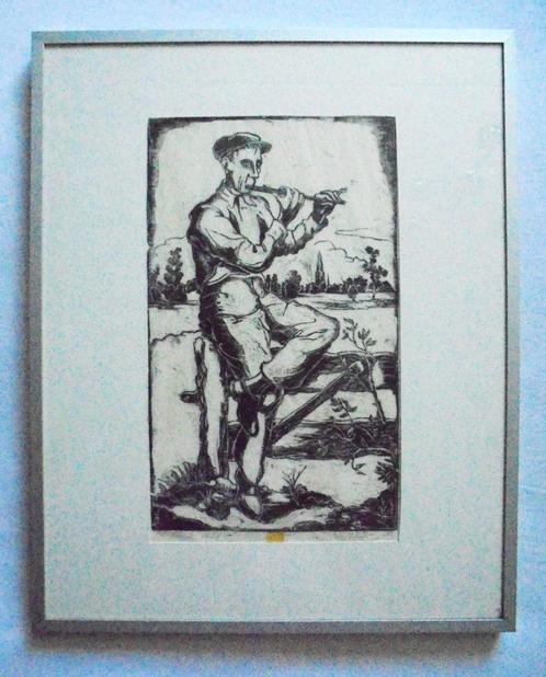 Louis Schrikkel.1902-1995.Man op hek.Handdruk 1937, Antiek en Kunst, Kunst | Etsen en Gravures, Ophalen