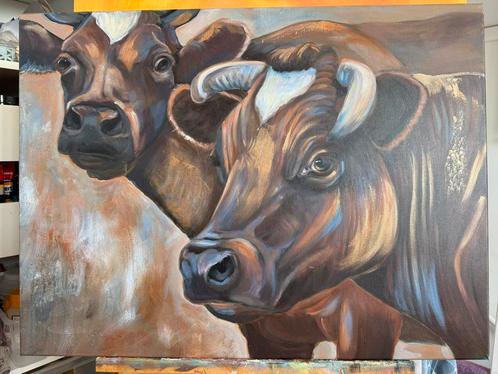 Koeienschilderij acrylverf 60x80, Antiek en Kunst, Kunst | Schilderijen | Modern, Ophalen of Verzenden