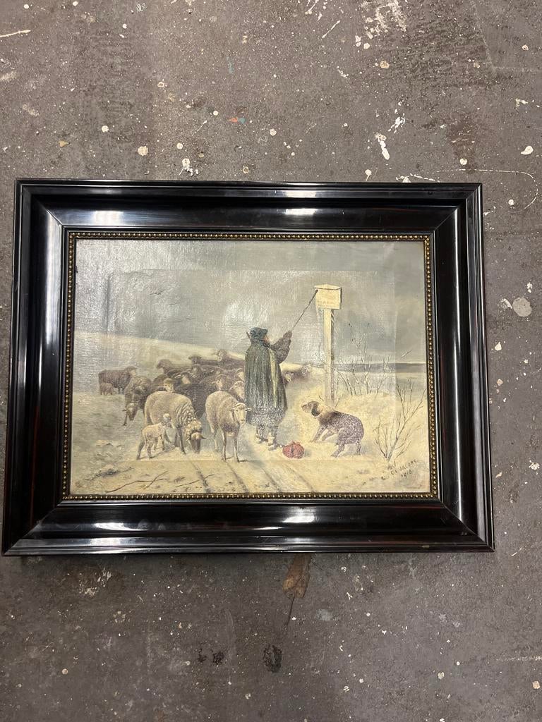 Schilderij van een herder met schapen, Antiek en Kunst, Kunst | Schilderijen | Klassiek, Ophalen of Verzenden