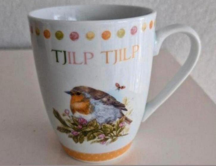Beker Theo met Roodborstje opdrukken, Huis en Inrichting, Keuken | Servies, Zo goed als nieuw, Kop(pen) en/of Schotel(s), Overige stijlen