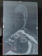 Handgemaakt schilderij 10x15cm kuifkwartel gravure in glas, Ophalen of Verzenden