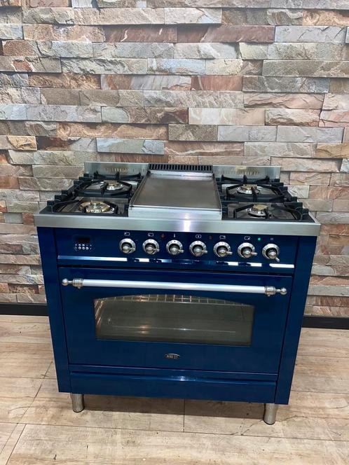 Luxe konings blauwe Boretti Fornuis 5 pits met Frytop 90 cm, Witgoed en Apparatuur, Fornuizen, Zo goed als nieuw, Vrijstaand, Gas