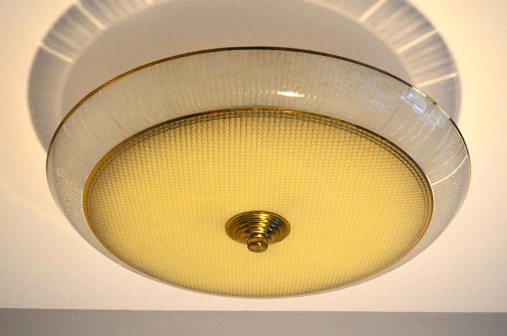 Grote originele Art-Deco / Amsterdamse school lamp - '30/'40, Huis en Inrichting, Lampen | Plafondlampen, Gebruikt, Glas, Metaal