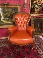 Barok fauteuil leren chesterfield antieke stoel - oranje, Huis en Inrichting, Stoelen, Gebruikt, Leer, Ophalen of Verzenden, Bruin