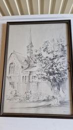 pentekening-krijt-of print kerk in lijst gesigneerd, Antiek en Kunst, Ophalen of Verzenden