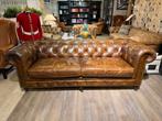 Stoere industriële Chesterfield 3 zits bank cognac leer, Ophalen of Verzenden