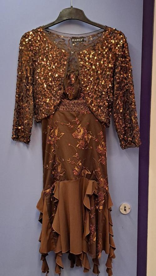 Feestelijk jurkje + pailletten bolero brons bruin S nr 47673, Kleding | Dames, Jurken, Zo goed als nieuw, Maat 36 (S), Bruin, Knielengte