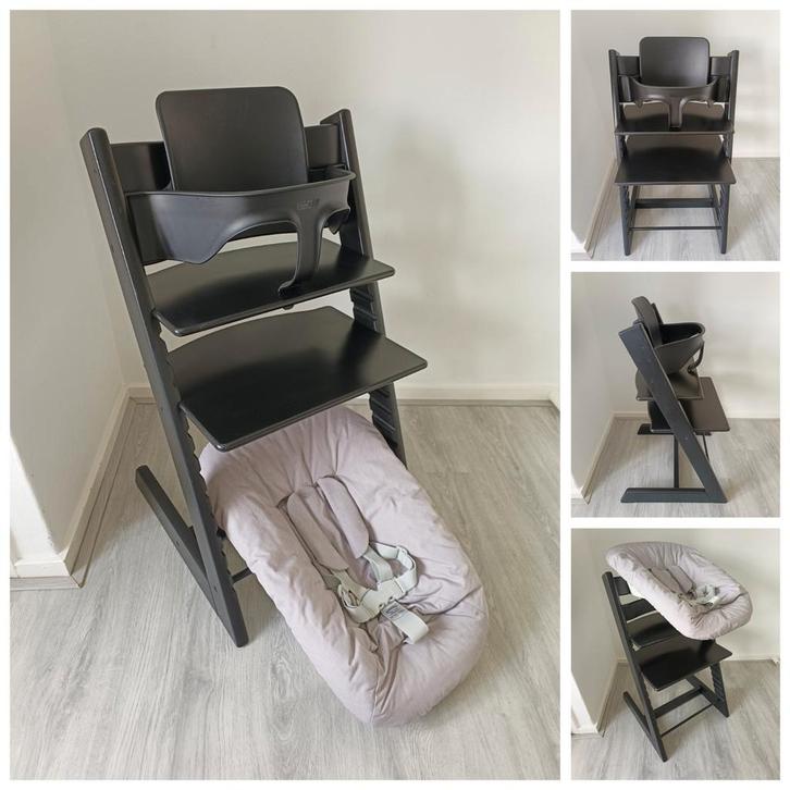 Stokke Tripp Trapp zwart met babyset en 2 standen newbornset, Kinderen en Baby's, Kinderstoelen, Zo goed als nieuw, Meegroeistoel