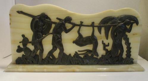 art deco half relief Afrikaanse jacht scene op onyx S. Norga, Antiek en Kunst, Curiosa en Brocante, Ophalen