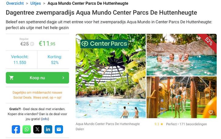 4x Tickets zwemmen Aqua Mundo Center Parcs De Huttenheugte, Tickets en Kaartjes, Kortingen en Cadeaubonnen, Drie personen of meer