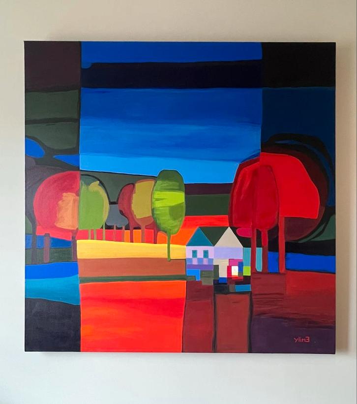 Abstract Landschap Schilderij 1x1m Acrylverf, Antiek en Kunst, Kunst | Schilderijen | Abstract, Ophalen of Verzenden